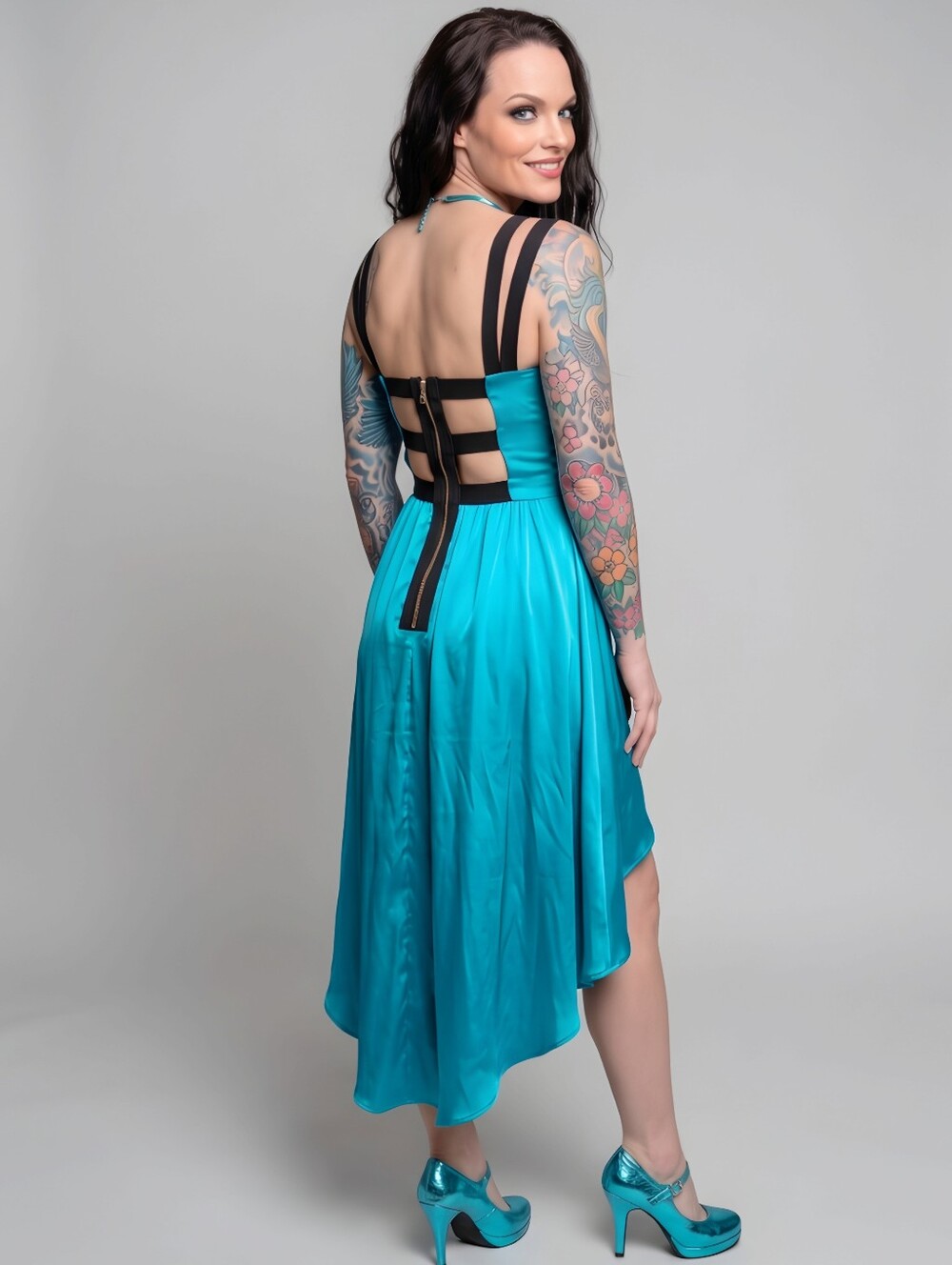 GUESS ✦ High‑Low Party Dress ✦ Silky Blue Black Strappy Open Back Lined Y2K 2 - Picture 2 of 11